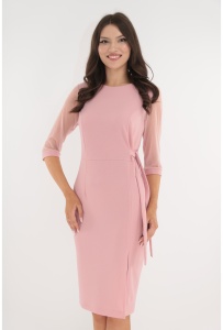 Rochie eleganta roz-pudra cu maneci din tulle si cordon in talie