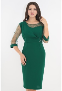 Rochie eleganta verde cu maneci din mesh cu strasuri