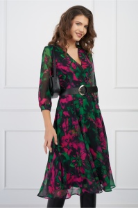 Rochie Eliada verde cu imprimeu fucsia si curea in talie