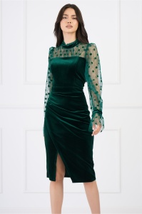 Rochie Ella Collection Adena eleganta din catifea verde cu tull si buline pe maneci