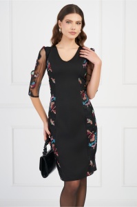 Rochie Ella Collection Sofia neagra cu broderie geometrica pastelata