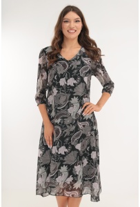 Rochie evazata din voal negru cu flori gri