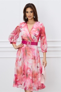 Rochie Ivone fucsia cu imprimeuri si curea in talie