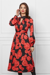 Rochie Leonard Collection neagra cu imprimeuri florale rosii