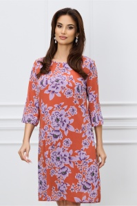 Rochie Lilith caramizie cu imprimeu lila si maneci trei sferturi