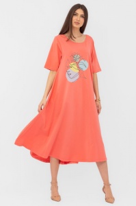 Rochie lunga A-line corai, din tricot de bumbac cu imprimeu chip stilizat