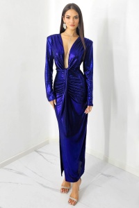Rochie lunga Julietta, crapatura pe picior si decolteu adanc, Albastru Metalizat, Marime S/M - Img 4