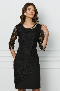 Rochie Malvina neagra din dantela cu accesoriu la decolteu