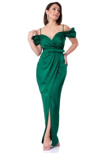 Rochie maxi Serena fara maneci din satin verde crapata pe picior - Img 4