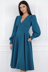 Rochie MBG albastru petrol cu pliuri pe bust si buzunare functionale
