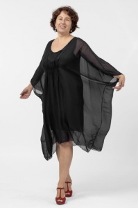 Rochie midi neagra, ampla, din matase naturala, cu detaliu sub bust, in colturi