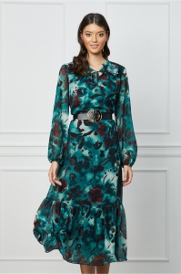Rochie Misha neagra cu imprimeu turcoaz si curea in talie