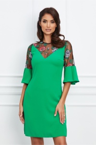 Rochie Moze verde cu broderie florala pe bust si maneci