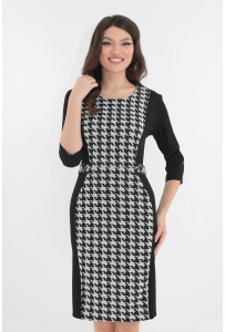 Rochie office neagra cu imprimeu geometric alb-negru