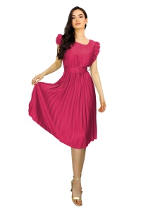 Rochie plisata midi, Elenor, cu volanase si curea asortata, Fucsia, Marime universala S/M - Img 6