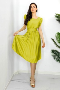 Rochie plisata midi, Elenor, cu volanase si curea asortata, Verde olive, Marime universala S/M