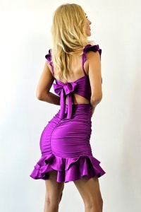 Rochie satinata Palomea, cu funda la spate si volane asimetrice, Mov, Marime S/M - Img 2