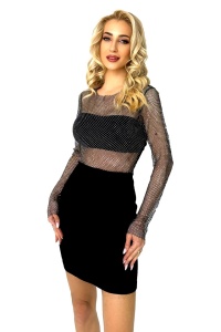 Rochie scurta Ines, bodycon, cu aspect transparent si insertii din cristale, Negru, Marime universala S/M - Img 5