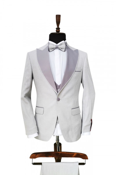 Smoking Slim Fit din 4 Piese cu Papion Inclus Grayson gri deschis