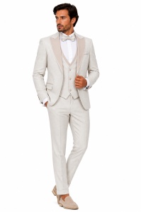 Smoking Slim Fit din 4 Piese cu Papion Inclus Grayson crem - Img 2