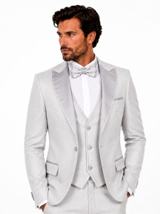 Smoking Slim Fit din 4 Piese cu Papion Inclus Grayson gri deschis