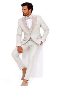Smoking Slim Fit din 4 Piese cu Papion Inclus Grayson crem - Img 3