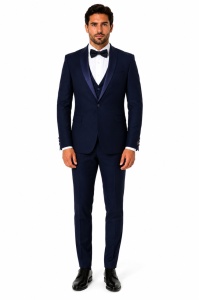 Smoking Slim Fit de 4 Piese cu Papion Inclus Adam bleumarin - Img 3