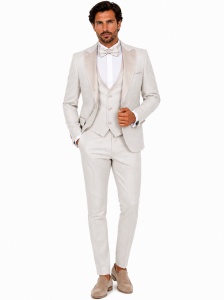 Smoking Slim Fit din 4 Piese cu Papion Inclus Grayson crem - Img 5