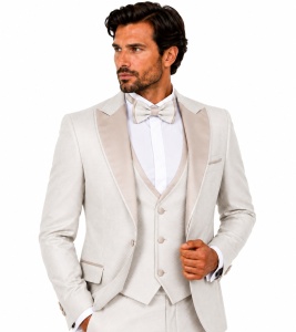 Smoking Slim Fit din 4 Piese cu Papion Inclus Grayson crem