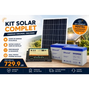 KIT PANOU SOLAR 130W/17.50V/7.43 A + CONTROLER INCARCARE EPIPDB-COM20A/12/24 + ACUMULATOR PB 12V/7