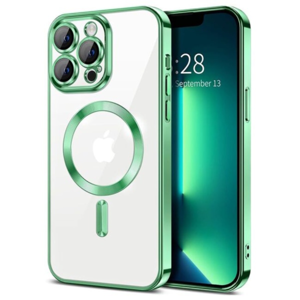 Husa iPhone 14 Po Max Transparenta Cu Margini Colorate Magsafe, Protectie Camera, Verde Lucios
