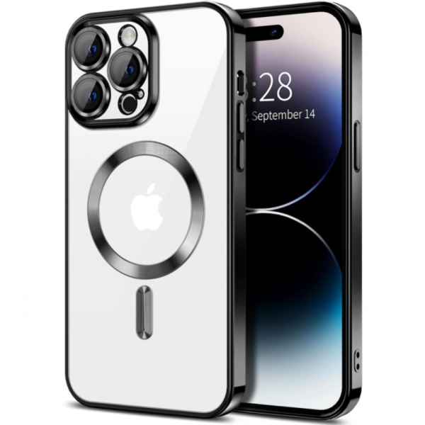 Husa iPhone 14 Po Max Transparenta Cu Margini Colorate Magsafe, Protectie Camera, Negru Lucios