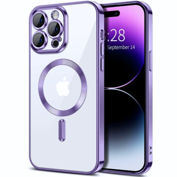 Husa iPhone 14 Po Max Transparenta Cu Margini Colorate Magsafe, Protectie Camera, Mov Lucios