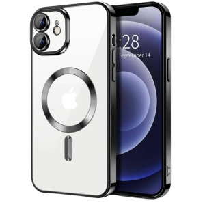 Husa iPhone 12 Transparenta Cu Margini Colorate Magsafe, Protectie Camera, Negru Matt