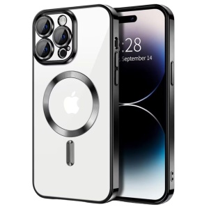 Husa iPhone 14 Pro Max Transparenta Cu Margini Colorate Magsafe, Protectie Camera, Negru