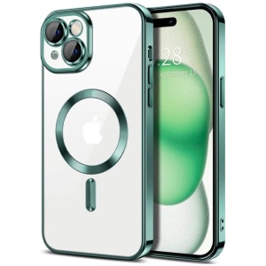 Husa iPhone 15 Transparenta Cu Margini Colorate Magsafe, Protectie Camera, Verde Deschis