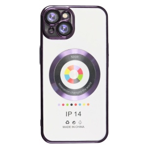 Husa iPhone 14 Transparenta Cu Margini Colorate Magsafe, Protectie Camera, Mov