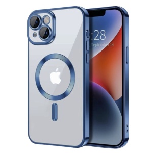 Husa iPhone 15 Plus Transparenta Cu Margini Colorate Magsafe, Protectie Camera, Albastru