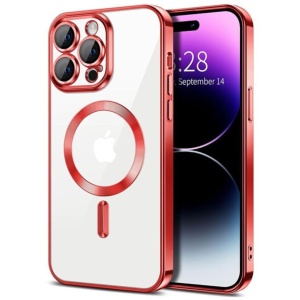 Husa iPhone 15 Pro Transparenta Cu Margini Colorate Magsafe, Protectie Camera, Rosu Lucios