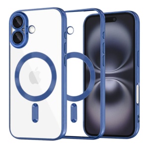 Husa iPhone 16 Plus Transparenta Cu Margini Colorate Magsafe, Protectie Camera, Albastru