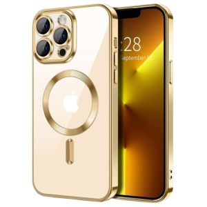Husa iPhone 13 Pro Max Transparenta Cu Margini Colorate Magsafe, Protectie Camera, Auriu Lucios