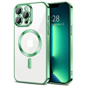 Husa iPhone 14 Po Max Transparenta Cu Margini Colorate Magsafe, Protectie Camera, Verde Lucios