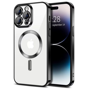 Husa iPhone 15 Pro Transparenta Cu Margini Colorate Magsafe, Protectie Camera, Negru