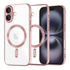 Husa iPhone 16 Plus Transparenta Cu Margini Colorate Magsafe, Protectie Camera, Roz