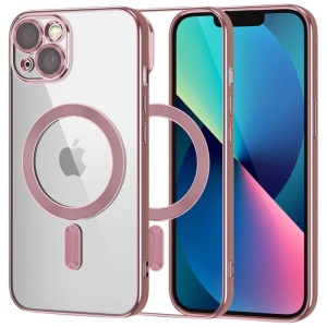 Husa iPhone 13 Transparenta Cu Margini Colorate Magsafe, Protectie Camera, Roz
