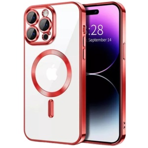 Husa iPhone 14 Pro Transparenta Cu Margini Colorate Magsafe, Protectie Camera, Rosu Lucios