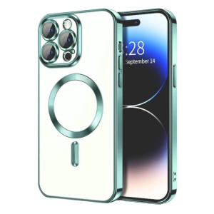 Husa iPhone 15 Pro Max Transparenta Cu Margini Colorate Magsafe, Protectie Camera, Verde Deschis