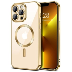 Husa iPhone 15 Pro Transparenta Cu Margini Colorate Magsafe, Protectie Camera, Auriu Lucios