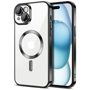 Husa iPhone 15 Transparenta Cu Margini Colorate Magsafe, Protectie Camera, Negru