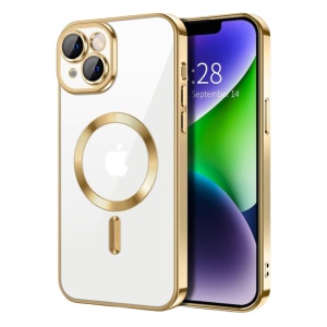 Husa iPhone 15 Transparenta Cu Margini Colorate Magsafe, Protectie Camera, Auriu Lucios